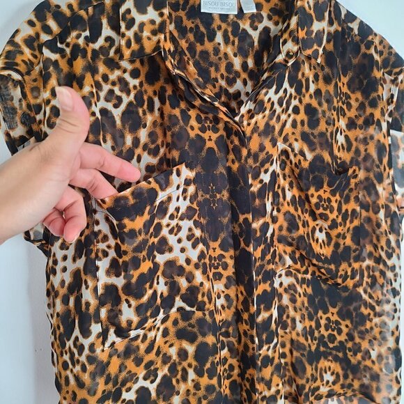 Bisou Bisou Leopard Cheetah Print Boxy Sheer Button Up Top - Picture 4 of 7